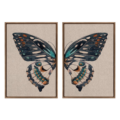 Sylvie Boho Butterfly Watercolor Diptych Neutral Linen Framed Canvas Art Set by The Creative Bunch Studio
