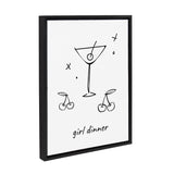 Sylvie Girl Dinner framed canvas art showing a martini glass design with pink and gold tones.