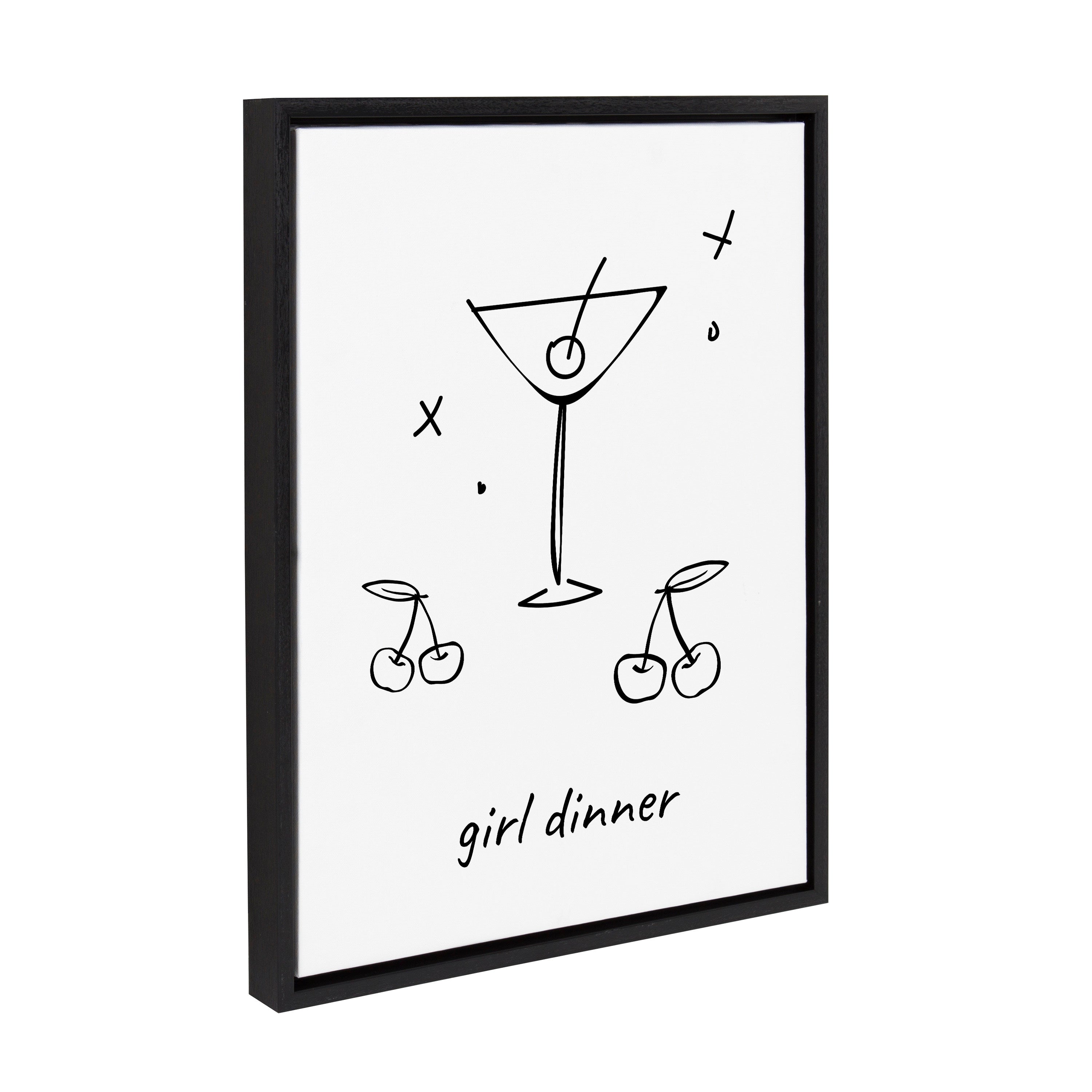 Sylvie Girl Dinner framed canvas art showing a martini glass design with pink and gold tones.