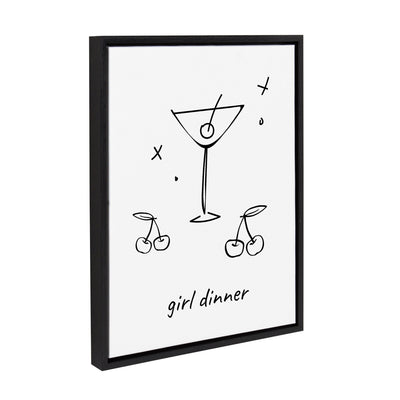 Sylvie Girl Dinner framed canvas art showing a martini glass design with pink and gold tones.