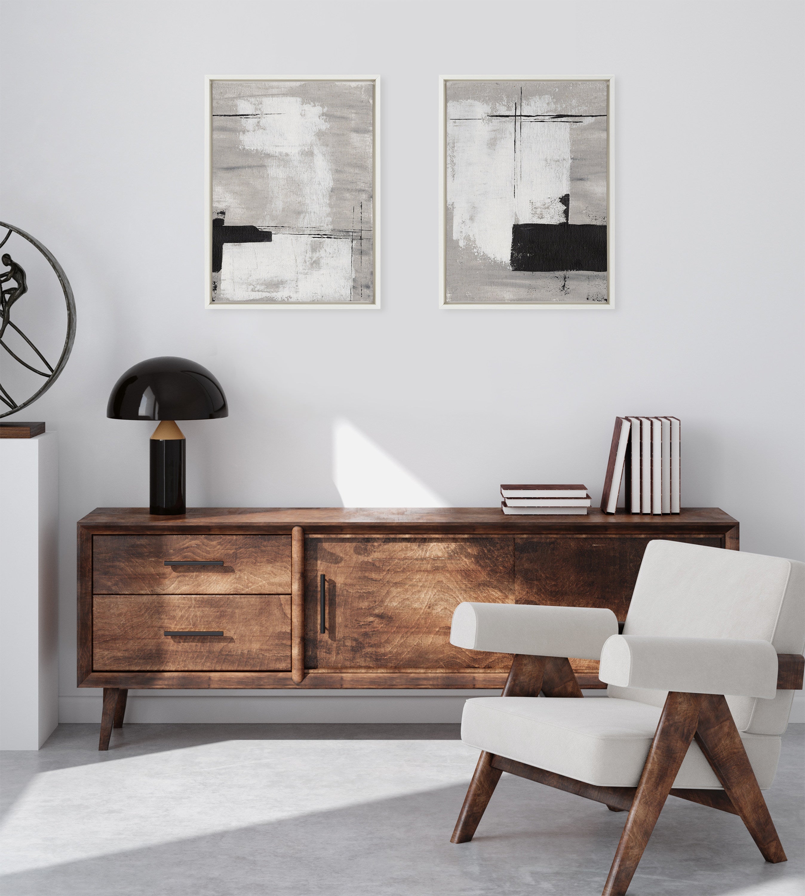 Sylvie Line 1 Left and Right Neutral Linen Framed Canvas Art Set by Nikita Jariwala