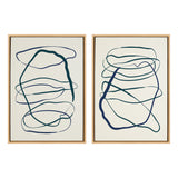 Two framed abstract canvas art pieces with flowing blue and green curving lines on a cream background, each with unique freeform shapes and spacing.