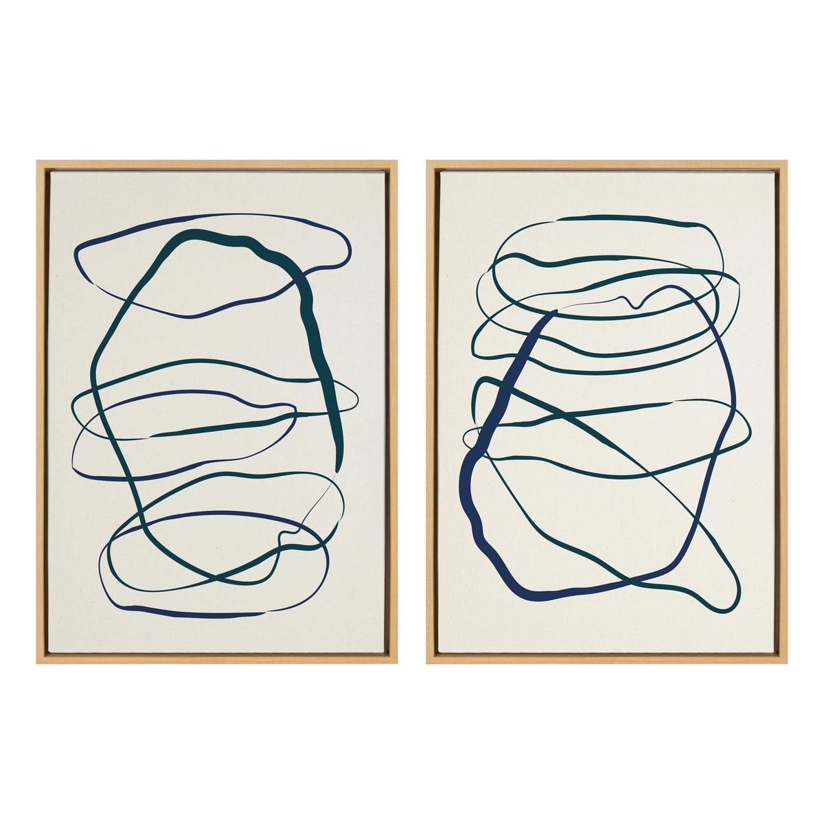 Two framed abstract canvas art pieces with flowing blue and green curving lines on a cream background, each with unique freeform shapes and spacing.