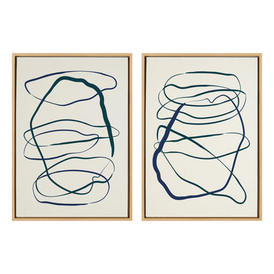 Sylvie Blue and Green Expressive Abstract 1 and 2 Framed Canvas Art Set