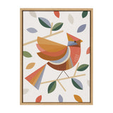 Stylized cardinal composed of geometric shapes in warm autumn colors, perched on a branch surrounded by multicolored leaves, on a textured cream background.