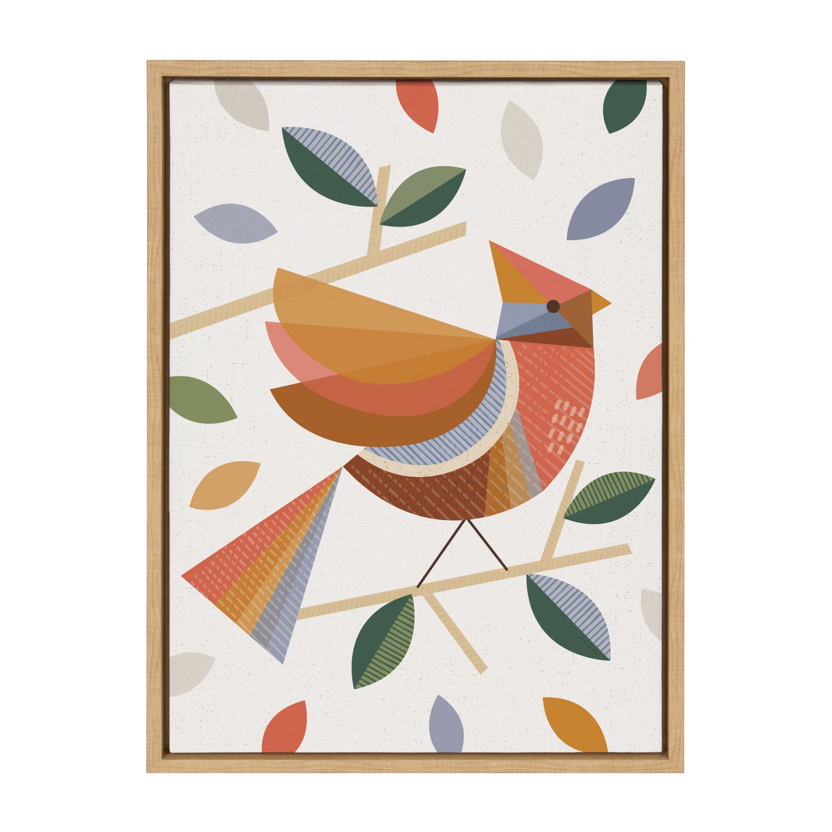 Stylized cardinal composed of geometric shapes in warm autumn colors, perched on a branch surrounded by multicolored leaves, on a textured cream background.