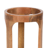 Circular wooden stand with four slim legs connected to a thick round top, showing natural wood grain in warm brown tones.