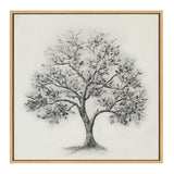 Monochrome grayscale tree illustration with dense foliage and detailed branches on textured linen canvas, framed in simple light wood.