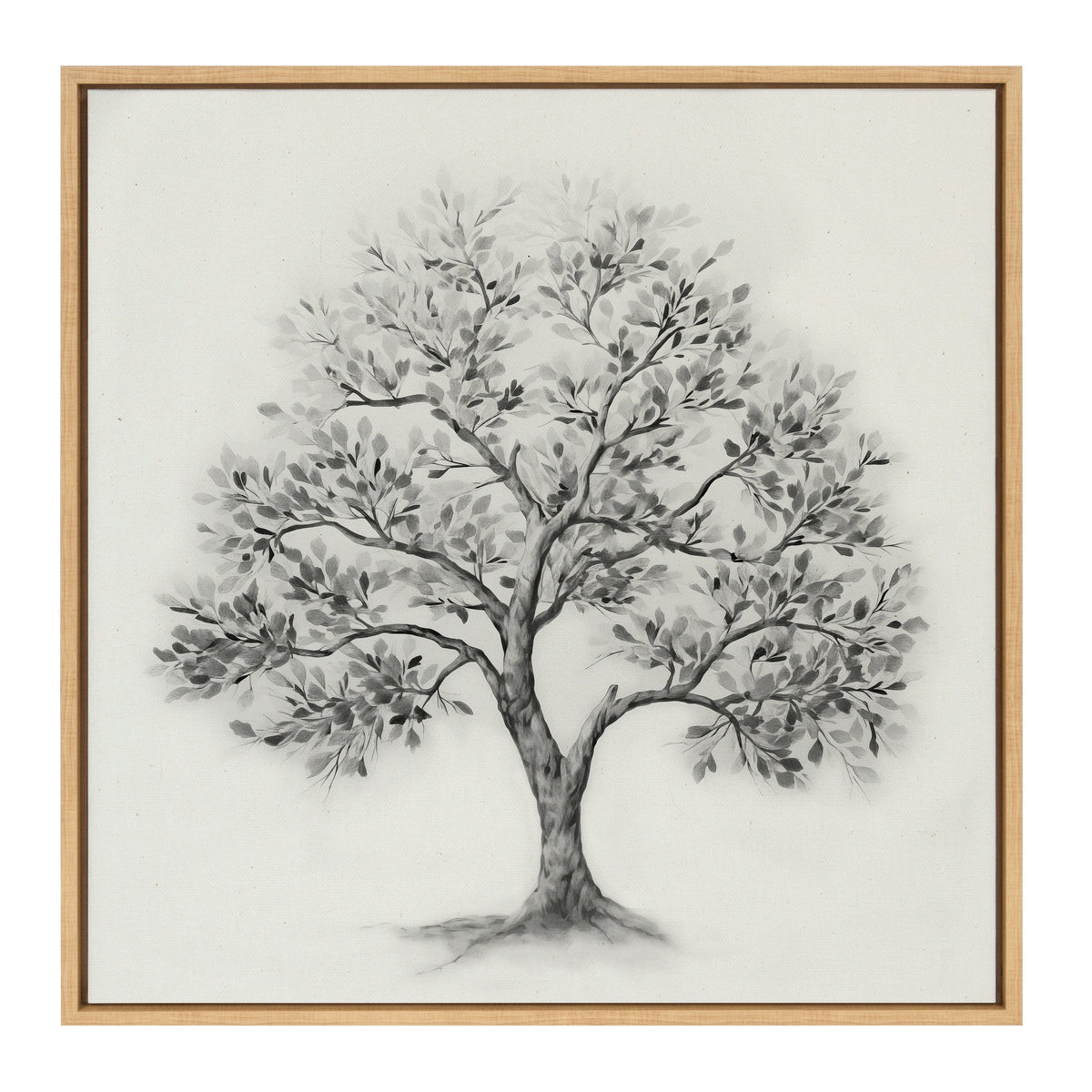 Monochrome grayscale tree illustration with dense foliage and detailed branches on textured linen canvas, framed in simple light wood.