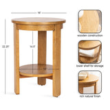 Round wood side table with a natural finish, featuring three straight legs and a lower shelf for storage, measuring 16 inches wide and 22.25 inches tall.