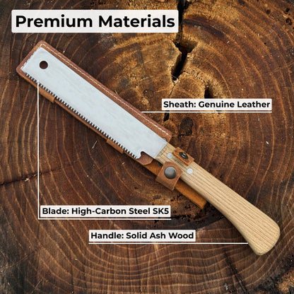 Japanese Style Hand Saw with ash wood handle and leather sheath