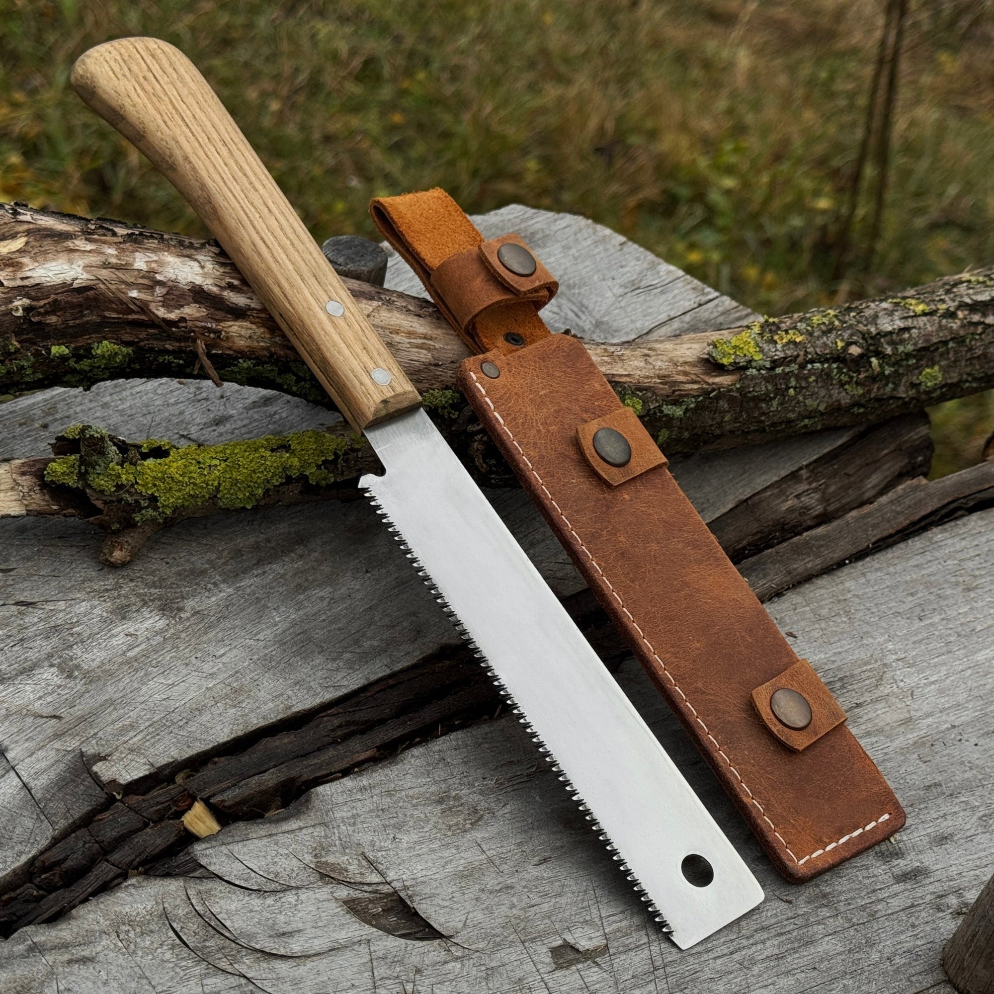 Japanese Style Hand Saw with ash wood handle and leather sheath