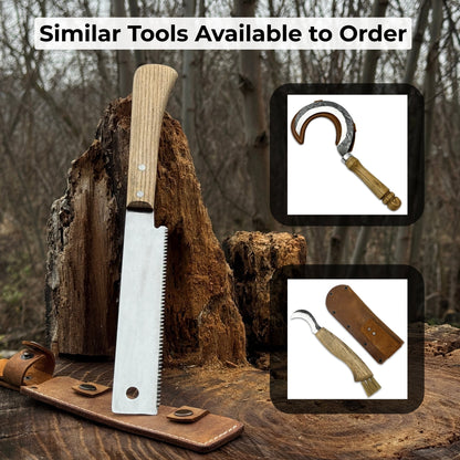 Japanese Style Hand Saw with ash wood handle and leather sheath