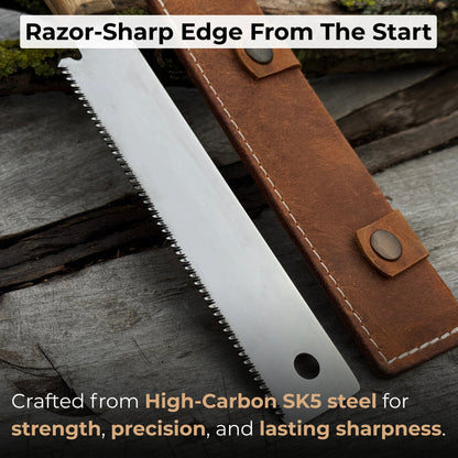 Japanese Style Hand Saw with ash wood handle and leather sheath