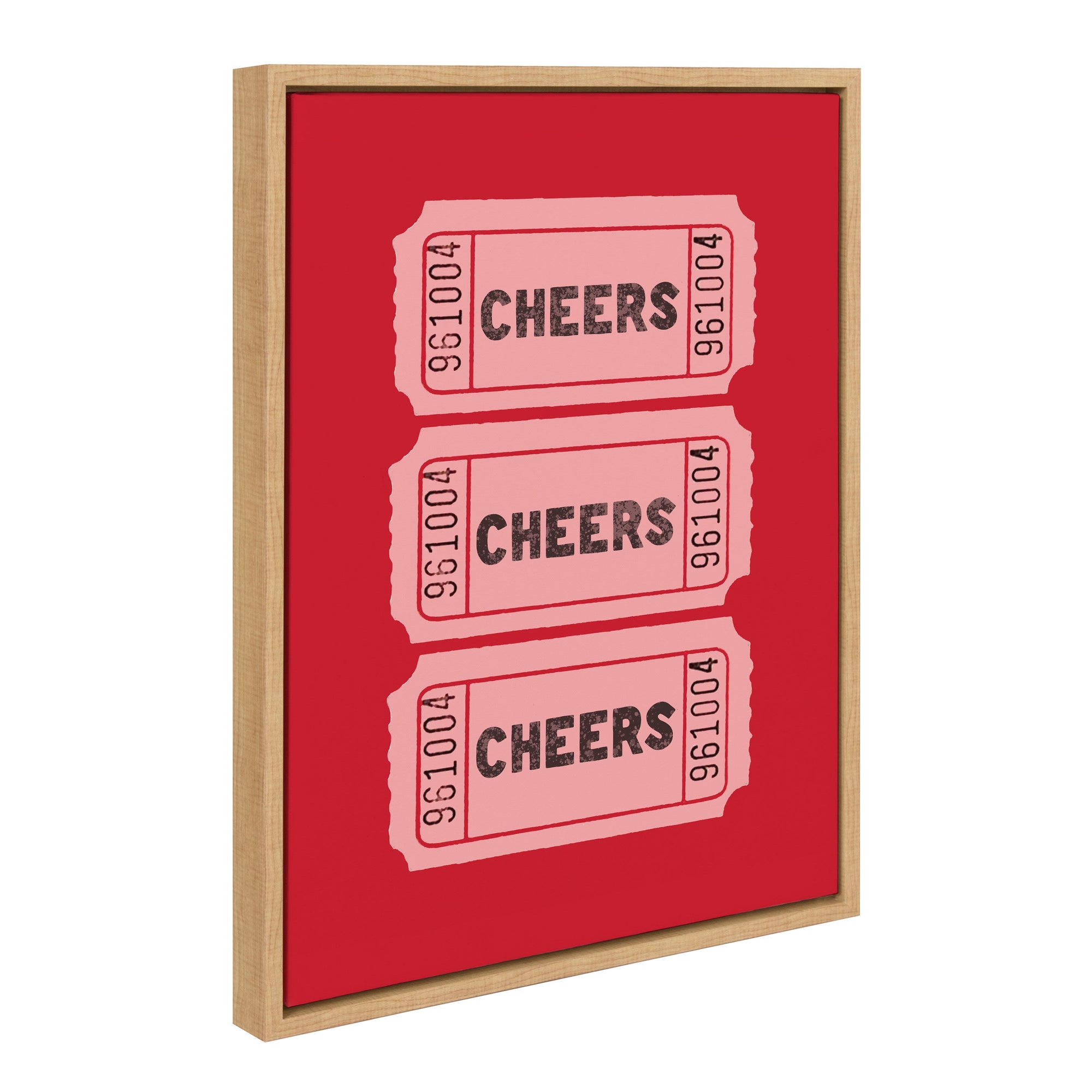 Sylvie Cheers Pink Red Ticket framed canvas featuring bold pink and red ticket design in gallery wrap with a lightweight frame