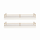 Two rectangular white floating shelves with thin brass railings on three sides, shown from the front against a white background.