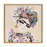 Stylized portrait of a woman with closed eyes, wearing a colorful floral headpiece and mauve-toned garment, on a soft beige background framed in light wood.