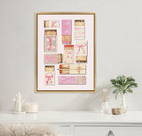 Wall art featuring a grid of retro matchboxes with pink bows and wooden matchsticks, framed in light wood above a white dresser with decorative accents.