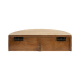 Curved rectangular wooden floating shelf with a natural walnut finish and black metal mounting brackets on the back.
