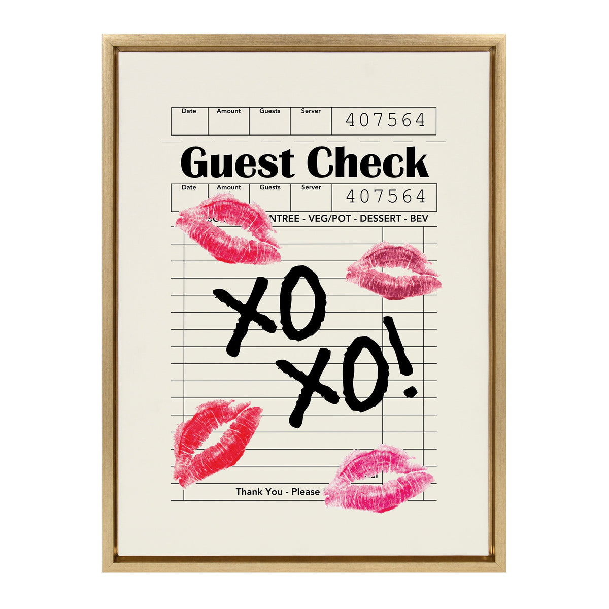 Framed cream canvas featuring a restaurant guest check print with black 'XO XO!' text and four pink lipstick kiss marks scattered around.