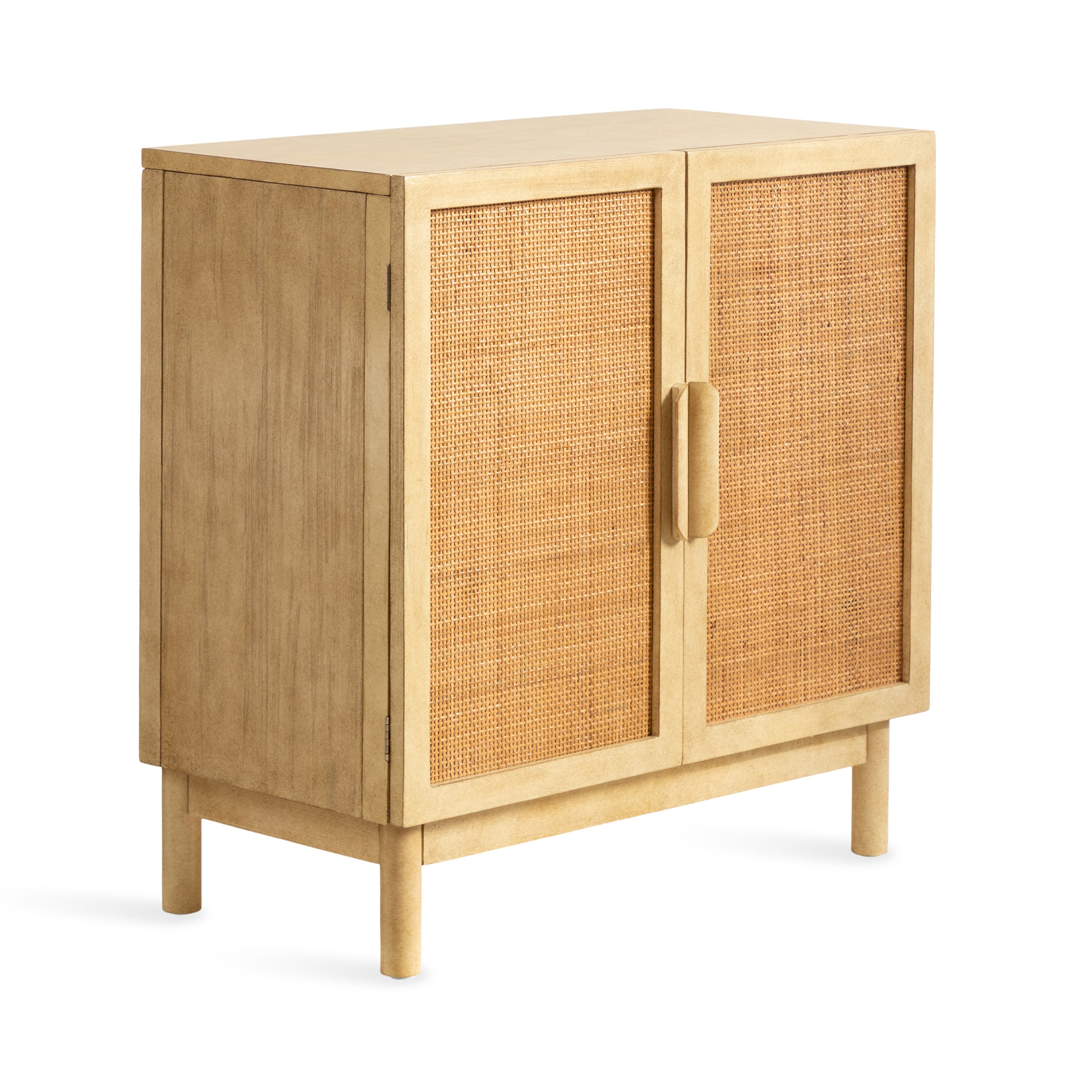 Ori Rattan Accent Floor Cabinet showing natural wooden frame with rattan door faces in a room setting