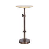 Adjustable plant stand with a round beige marble top and a dark bronze metal base featuring a thumb screw for height adjustment