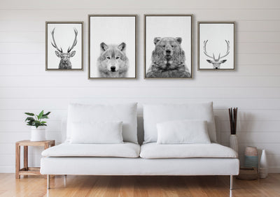 Sylvie Deer, Wolf, Bear European and Cervus Elaphus Black and White Framed Canvas Art Set