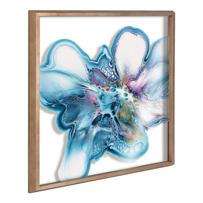 Framed botanical print titled Blake Indigo Blooms showing vibrant indigo and blue flowers with green stems and leaves