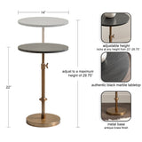 Adjustable-height side table with authentic black marble round tabletop and antique brass finish metal base, height extends from 22 to 29.75 inches