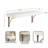 White rectangular floating shelf with ornate brass-finished metal brackets, measuring 23.75 inches wide and 8 inches deep, shown with labeled details.