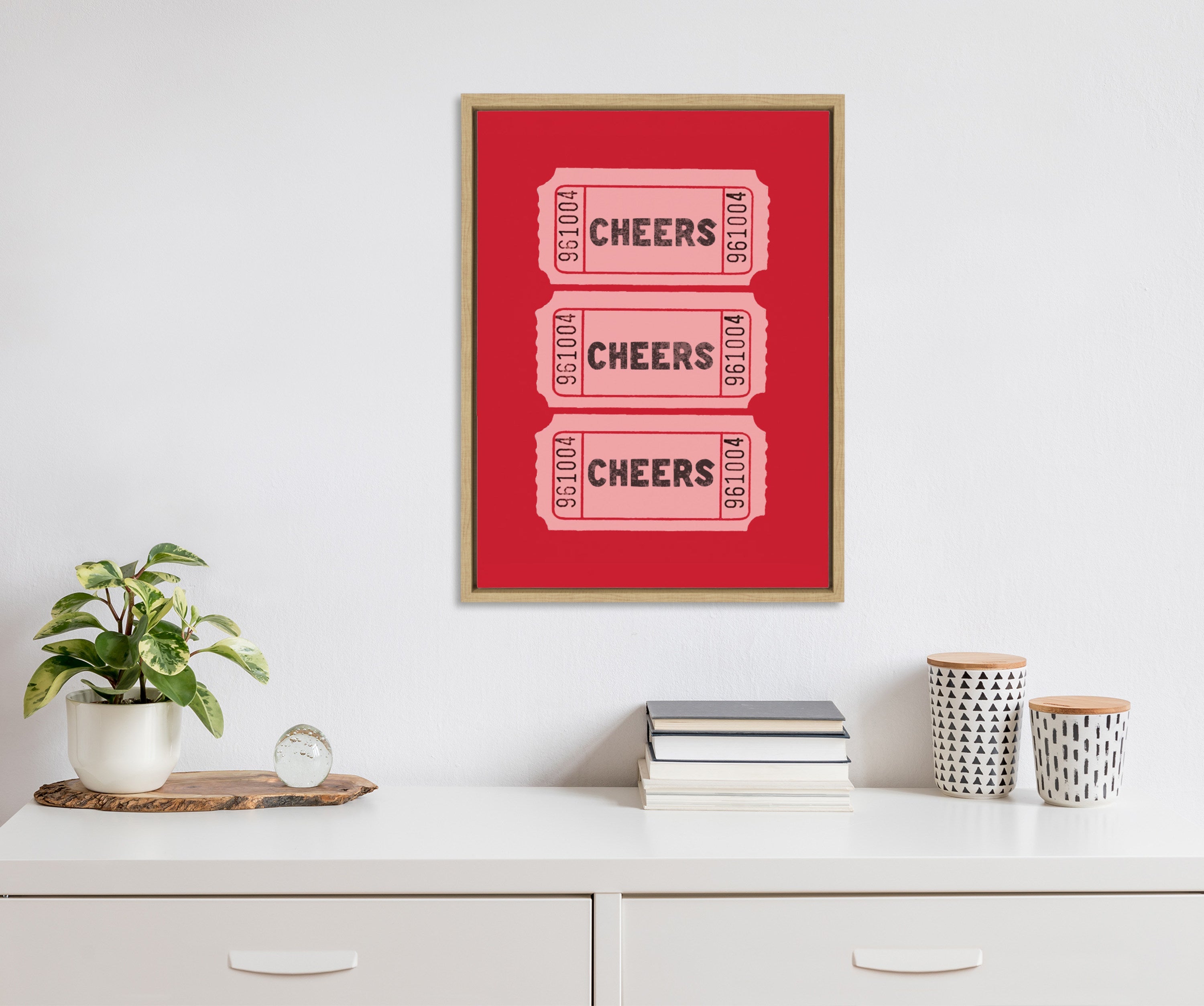 Sylvie Cheers Pink Red Ticket Framed Canvas by Alli Standefer