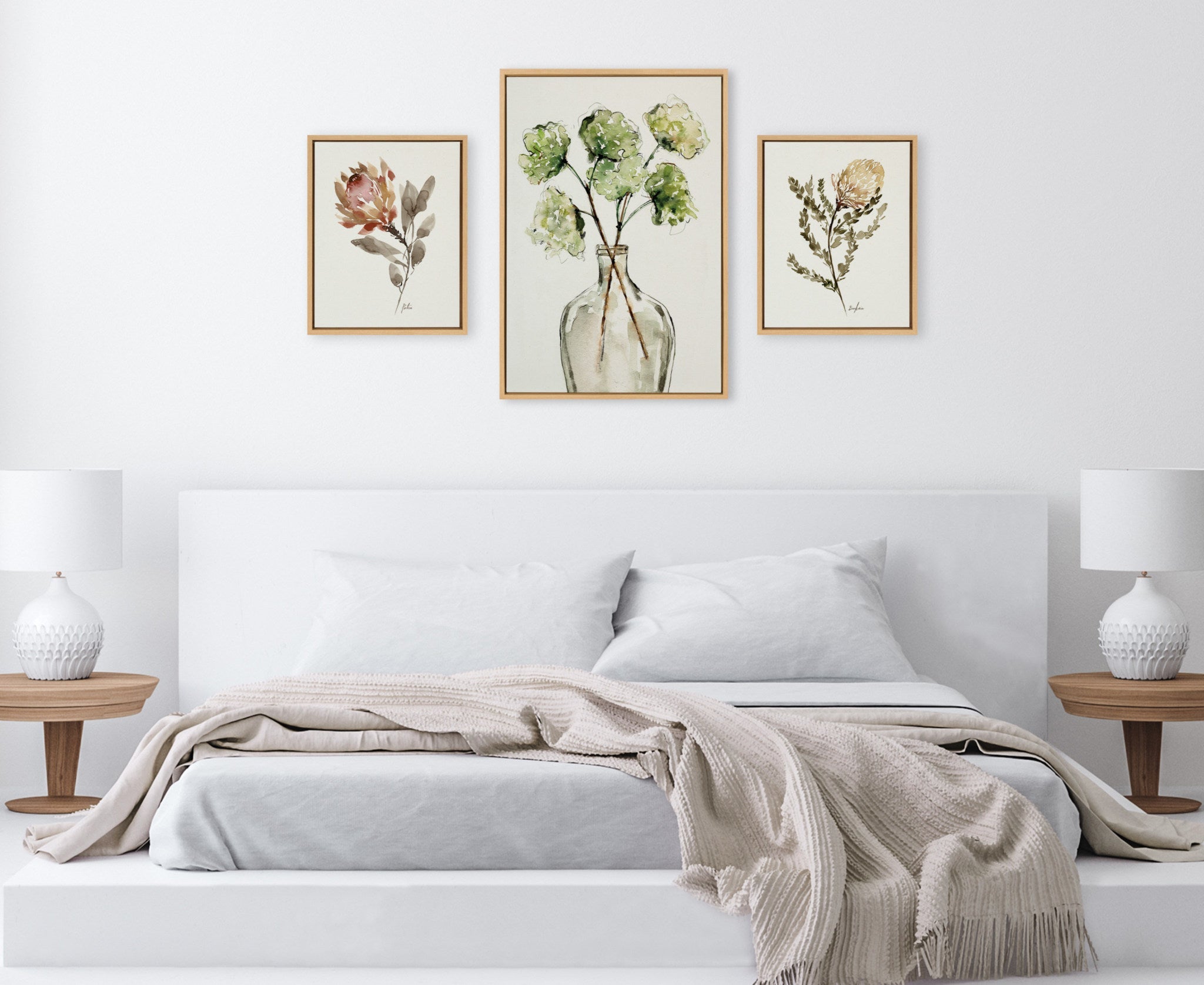 Sylvie Greenery Vase, Wild King Protea and Wild Banksia Framed Canvas Art Set by Sara Berrenson