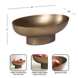 Oval metal bowl with an antique brass finish, featuring a ribbed cylindrical base and smooth rounded rim, shown with dimensions 14 x 8.5 x 5 inches.