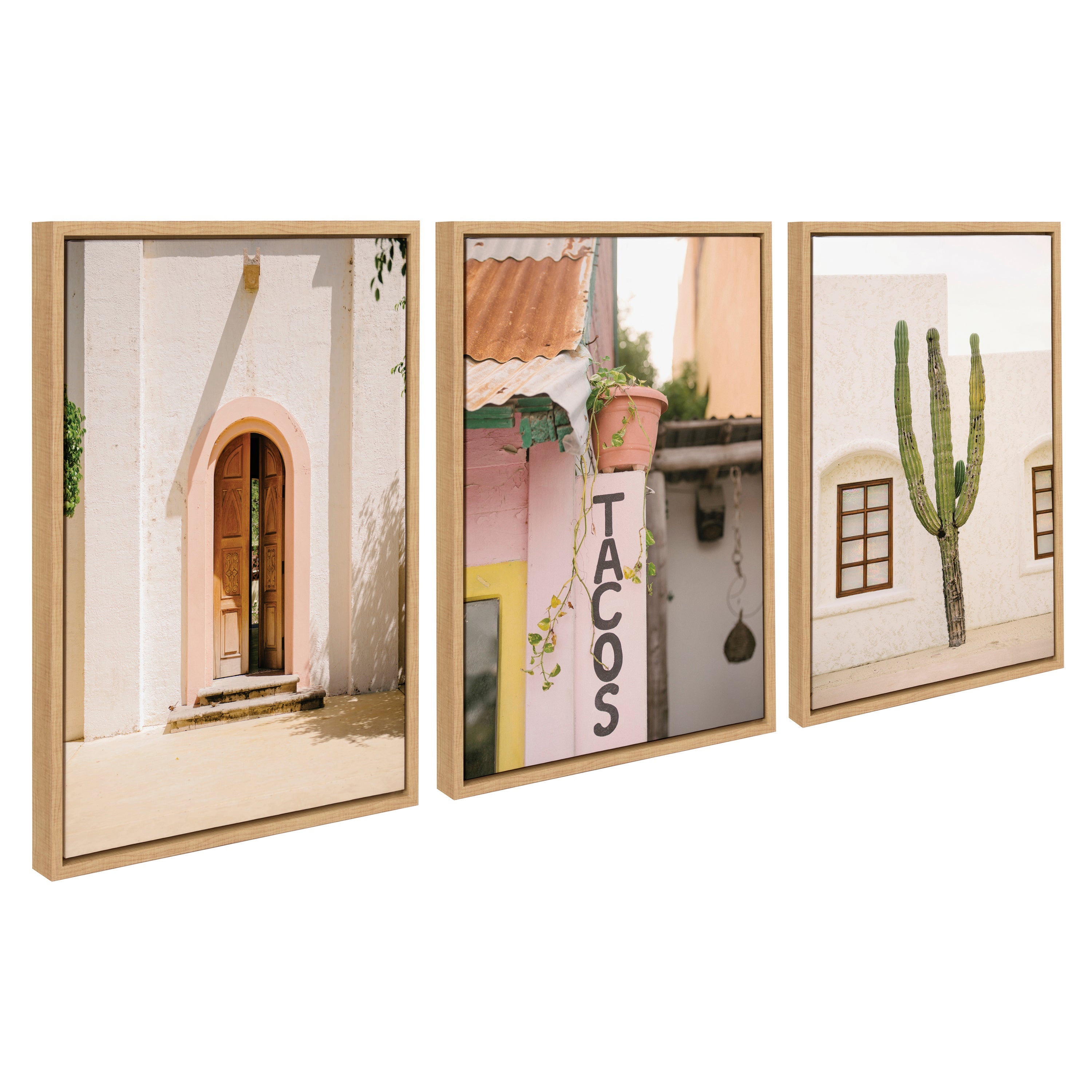 Three framed canvas art prints titled Sylvie Cabo San Lucas No 4, Isla Holbox No 3, and Cactus no 2 Mexico displayed grouped together on a white wall.