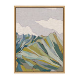 Abstract canvas painting of a mountain range with stylized layers in shades of green, blue, and beige under a textured pale sky, framed in natural wood.