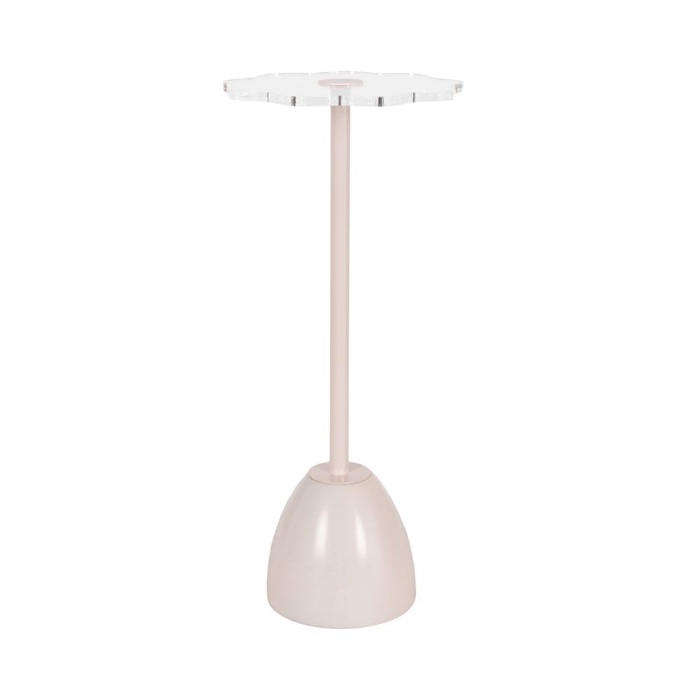 Acari Scalloped Drink Table showing clear acrylic scalloped top with black iron bell-shaped base placed on hardwood floor