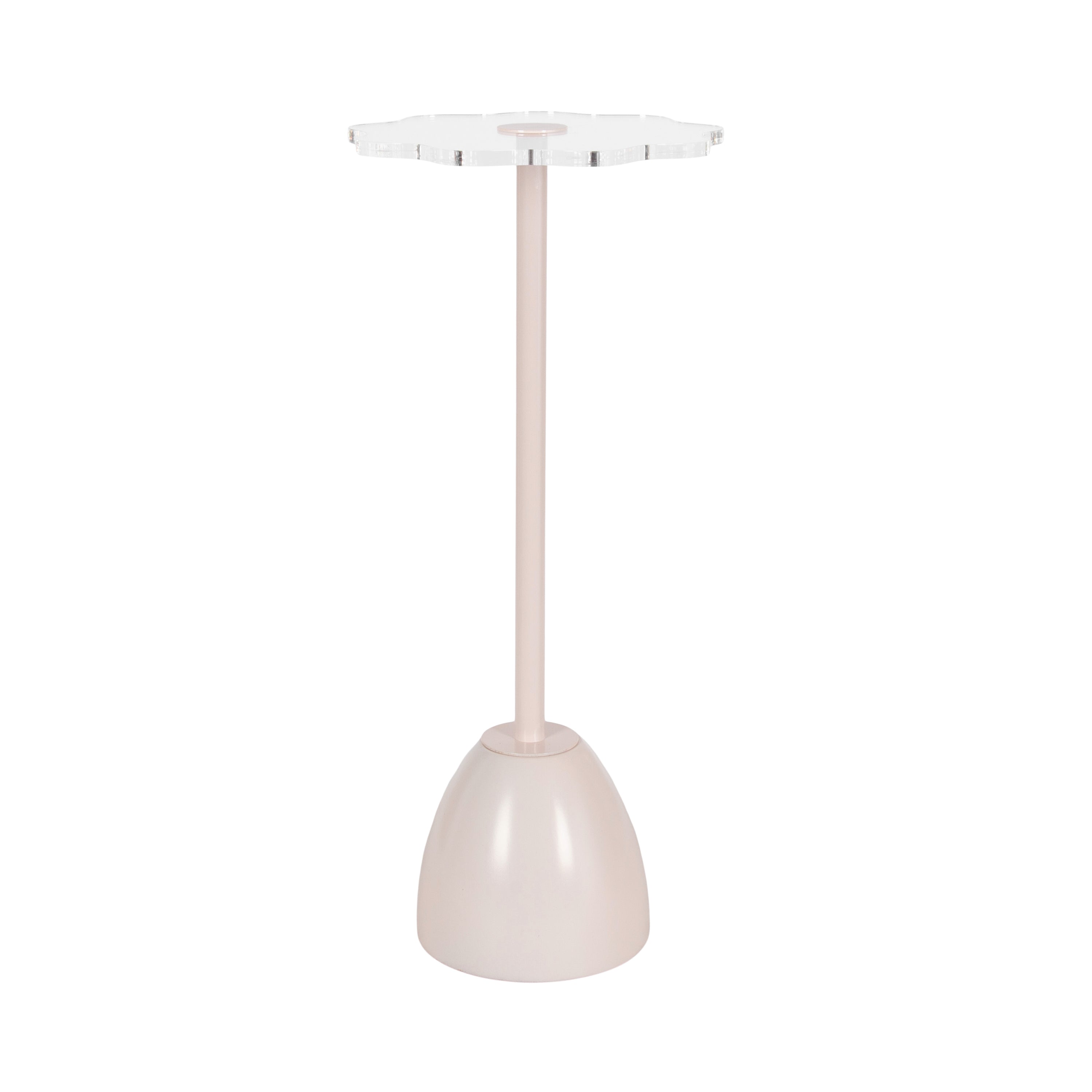 Acari Scalloped Drink Table showing clear acrylic scalloped top with black iron bell-shaped base placed on hardwood floor