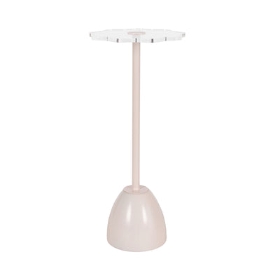 Acari Scalloped Drink Table showing clear acrylic scalloped top with black iron bell-shaped base placed on hardwood floor