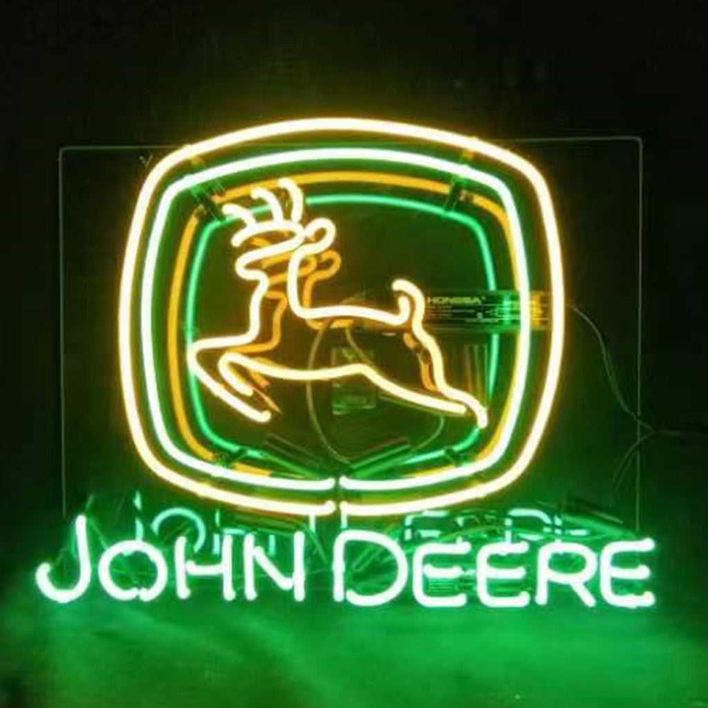 John Deere Tractor Logo Neon Signs Light illuminated on an acrylic backing hung on a white wall