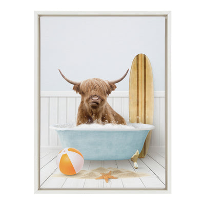 Sylvie Highland Cow Beach House Bath with Surfboard Framed Canvas by Amy Peterson