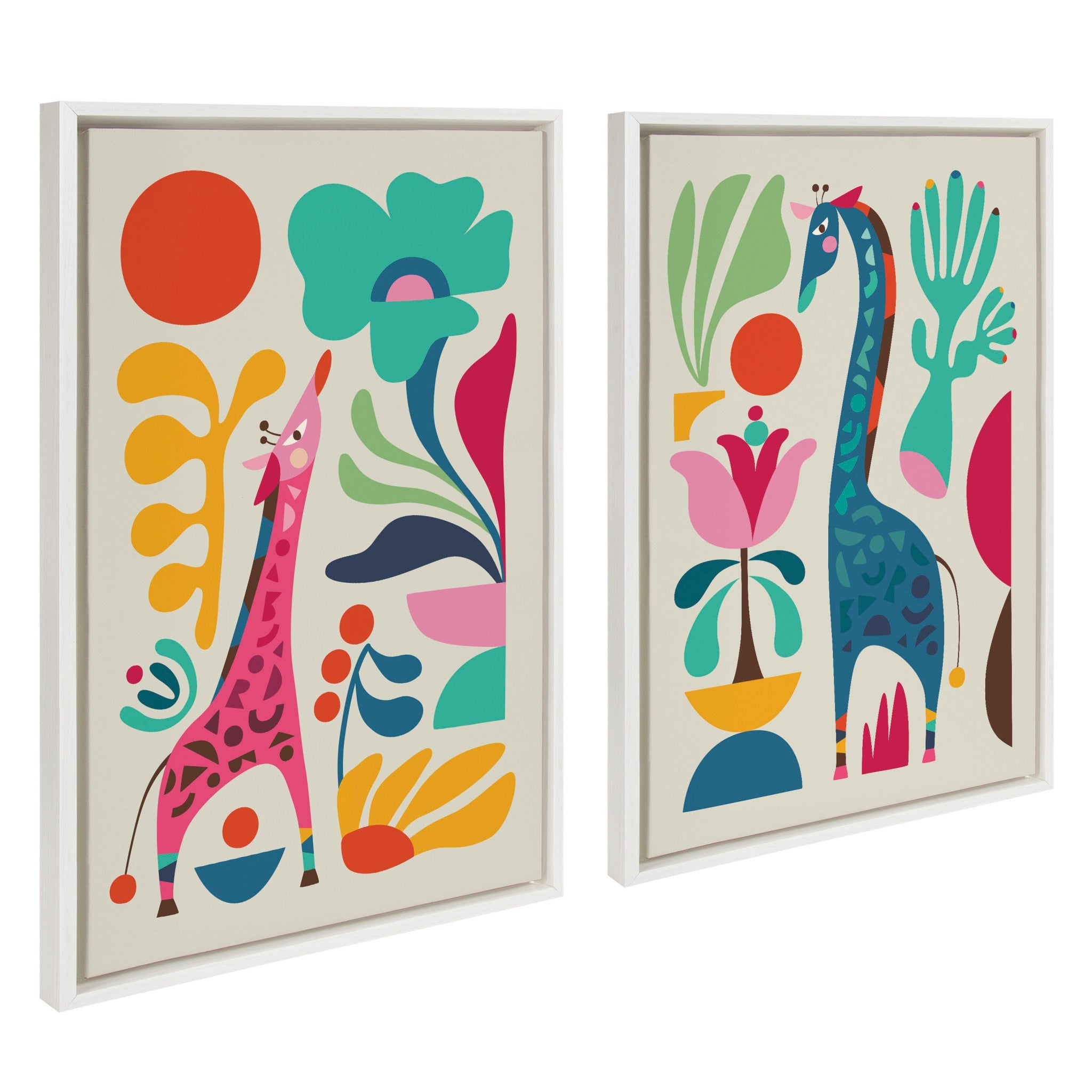 Sylvie Giraffe Garden and Giraffe Garden II two-piece framed canvas art set showing colorful giraffe illustrations