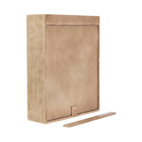 Rectangular tan wooden wall cabinet with a flat front panel and a separate horizontal wooden strip alongside it on a white background.