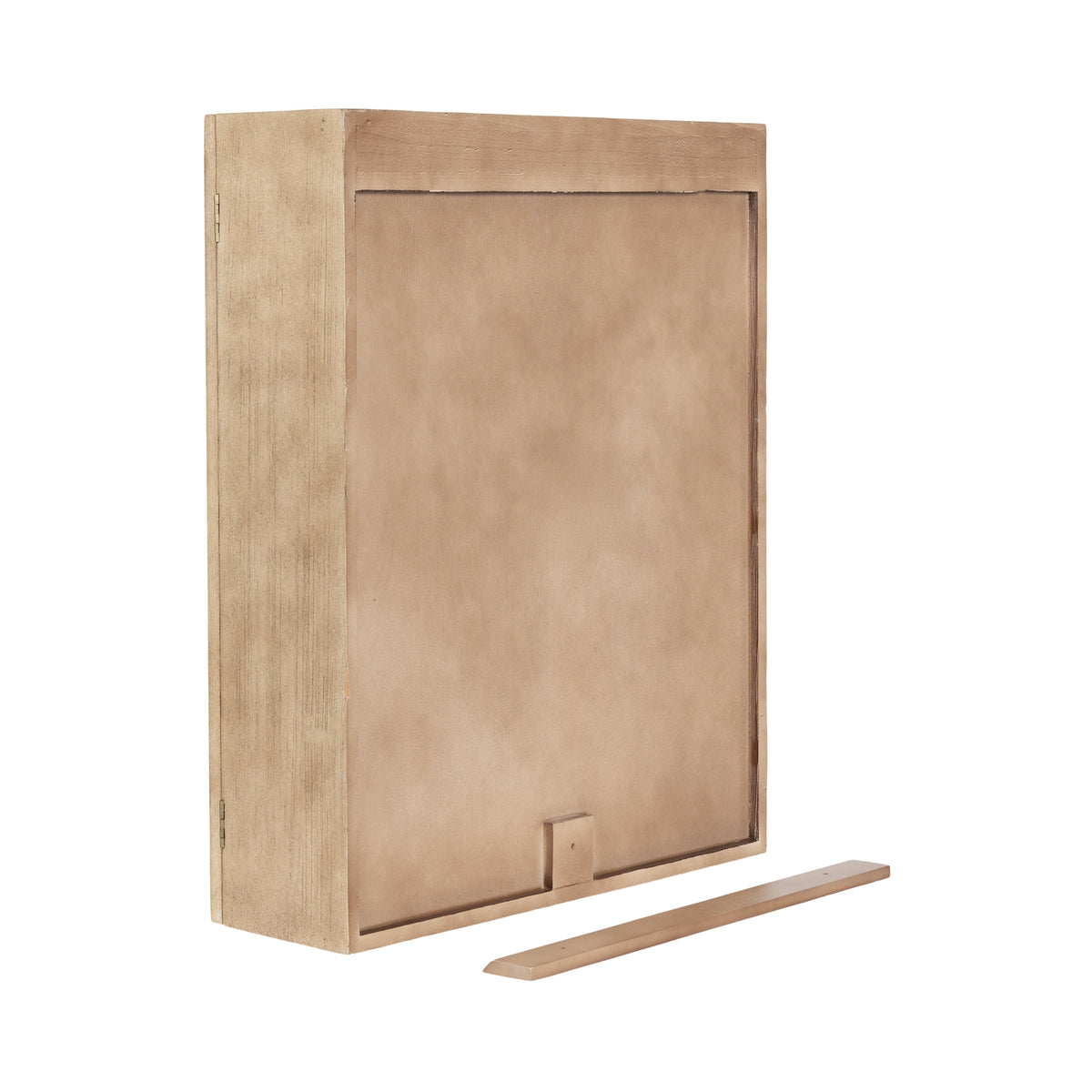 Rectangular tan wooden wall cabinet with a flat front panel and a separate horizontal wooden strip alongside it on a white background.