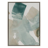 Abstract watercolor canvas with overlapping swaths of muted teal, soft beige, and light gray framed in a thin dark border, showcasing gentle blending and textured edges.