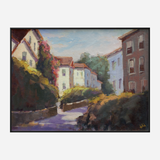 Impressionist-style painting of a sunlit residential street with white and pink houses, lush green bushes, and a pastel blue sky with soft clouds.