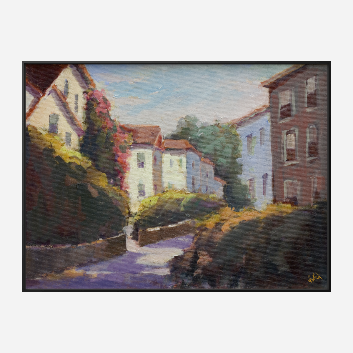Impressionist-style painting of a sunlit residential street with white and pink houses, lush green bushes, and a pastel blue sky with soft clouds.