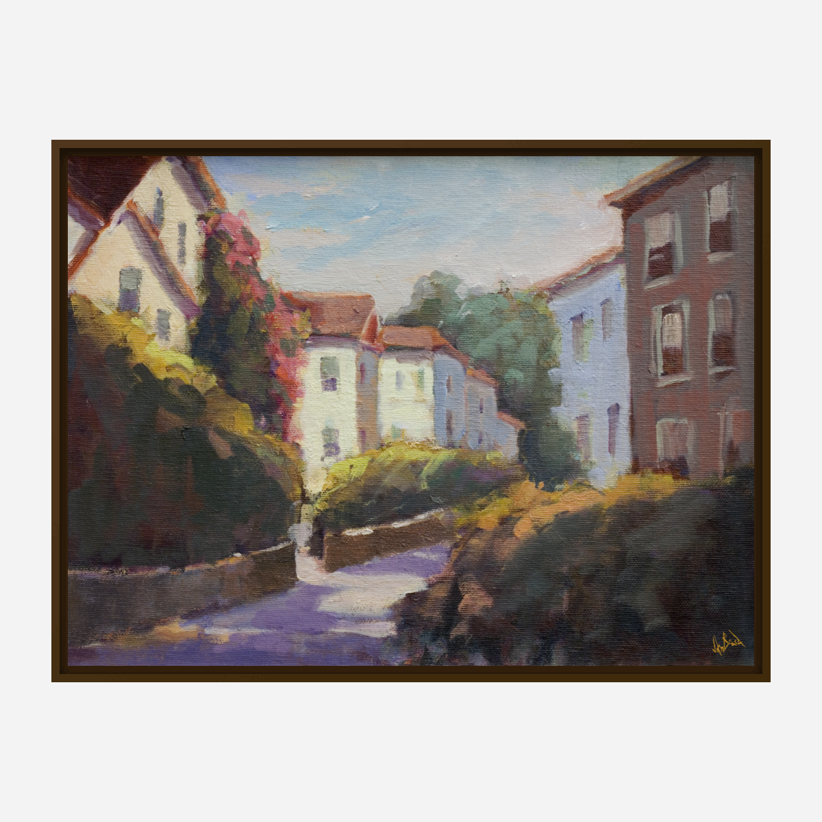 Impressionistic painting of a sunlit Paris street with white and brown buildings, green and pink foliage, and shadows cast on a curved pathway.