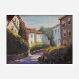 Impressionist-style painting of a sunlit village street in soft pastel tones, featuring white and brown houses with greenery and blooming flowers around a shaded path.