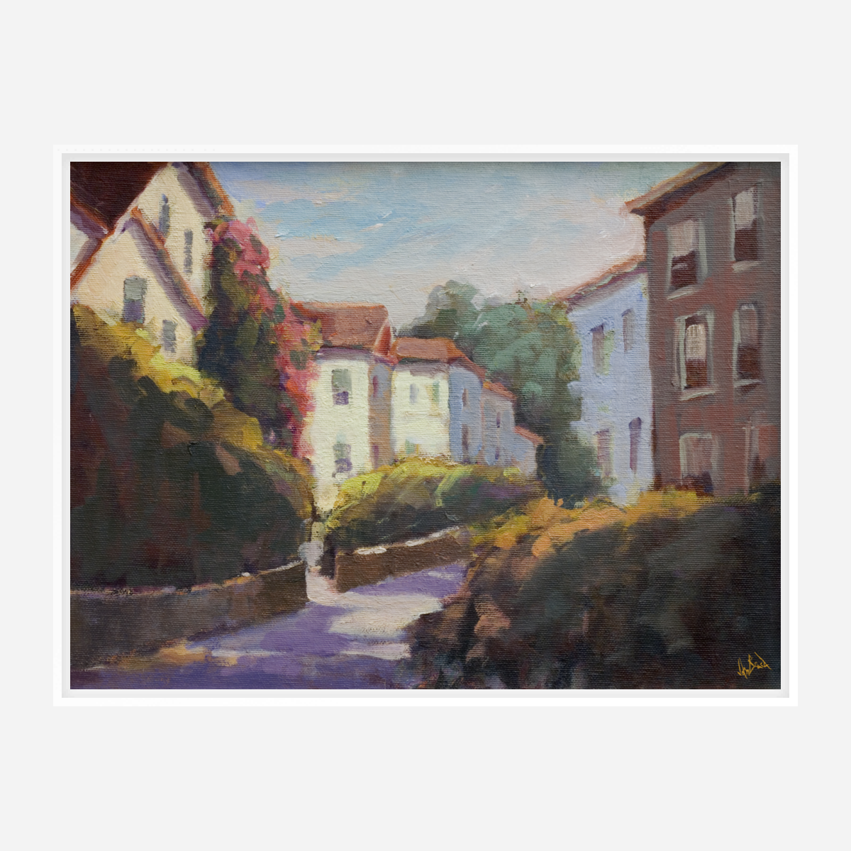 Impressionist-style painting of a sunlit village street in soft pastel tones, featuring white and brown houses with greenery and blooming flowers around a shaded path.