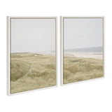 Left and right framed canvas art set depicting a coastal landscape with sandy dunes covered in tall grasses under a pale sky and calm sea horizon.